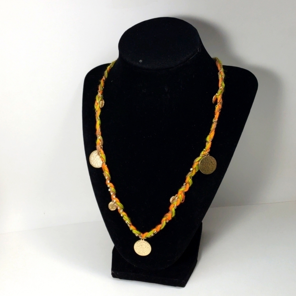 Kismet, Gold Tone Hammered Discs And Crystal,Multicolored Ribbons Necklace